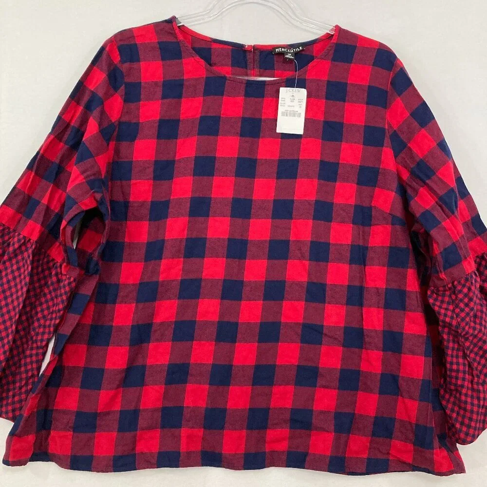 New J. Crew size 18 Blue Red Plaid Crew Neck Light Flannel Cotton Blouse‎ Preppy